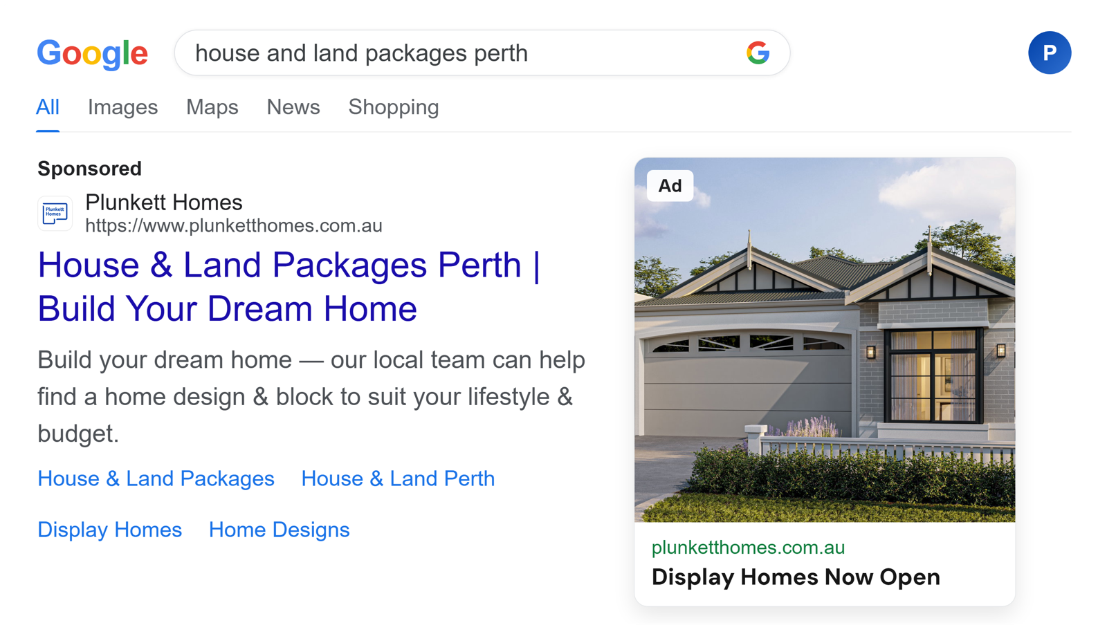 Plunkett Homes Google search ad with display creative on desktop