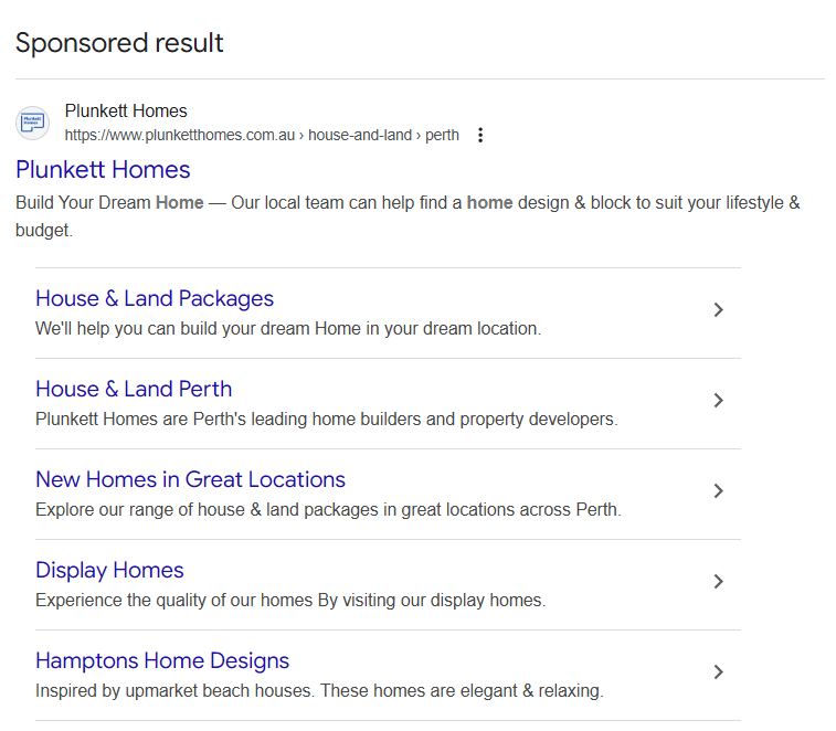 Plunkett Homes Google sponsored result on mobile