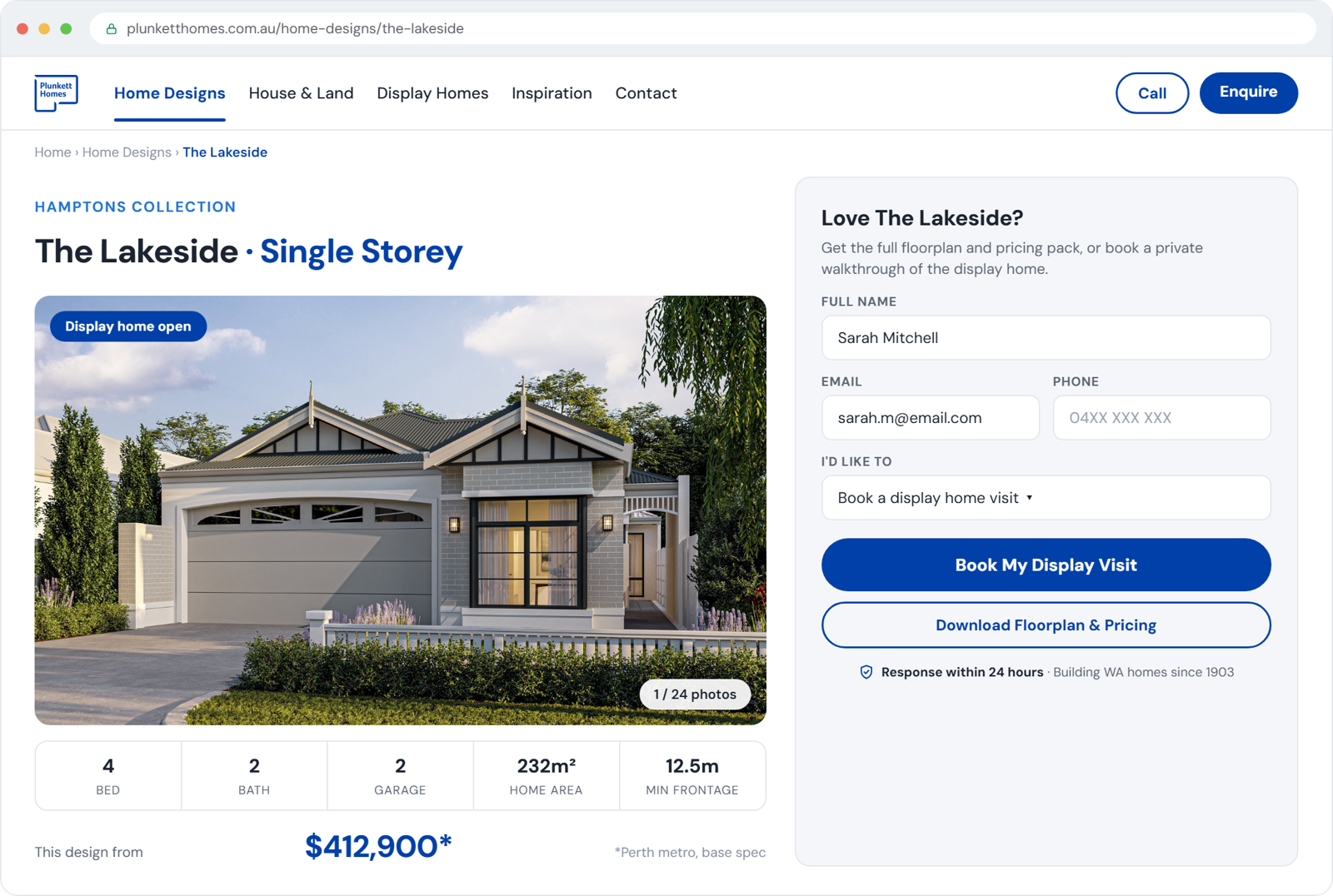 Plunkett Homes home-design page with enquiry form and display-home booking
